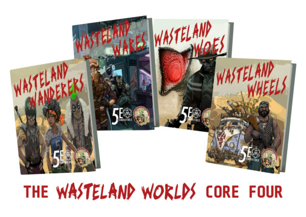 an image of the covers of all four books in this bundles, with the words "The Wasteland Worlds Core Four"