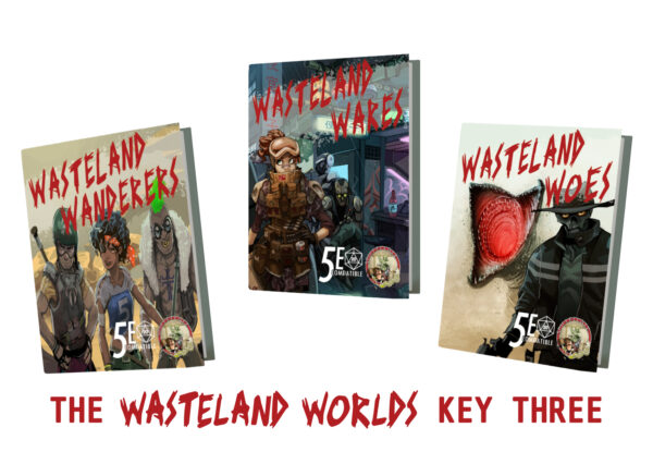 an image of the covers of all four books in this bundles, with the words "The Wasteland Worlds Key Three"